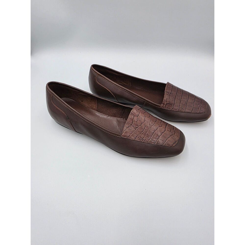 Enzo Angolini Leather Loafers Size 9.5 Wide Crocodile Accents Brown Square Toe